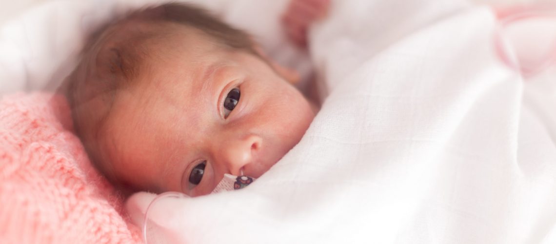 Premature newborn  baby girl in the hospital incubator after c-section in 33 week